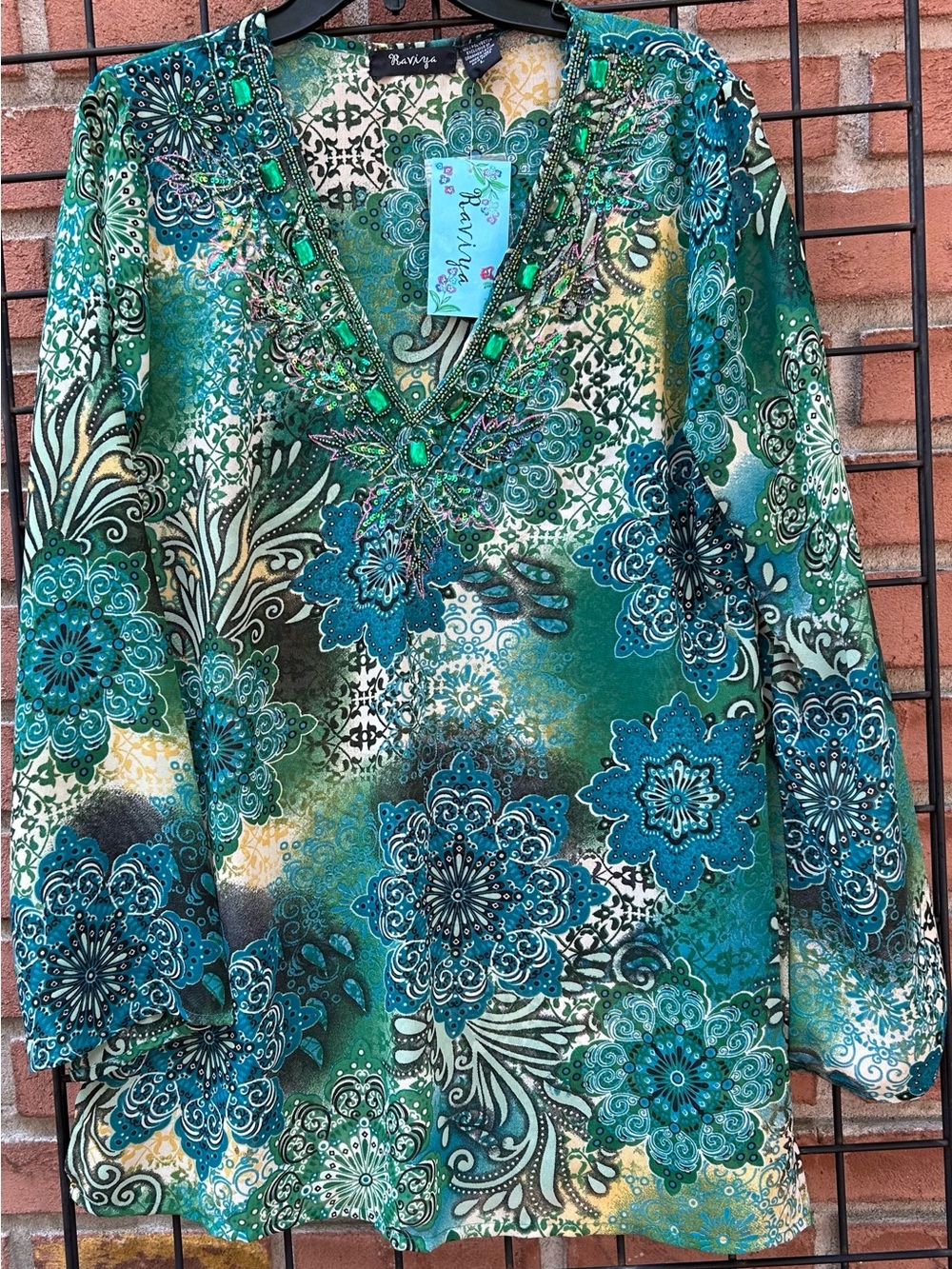 Raviya Teal and Green Floral Beaded V‑Neck Jeweled Tunic